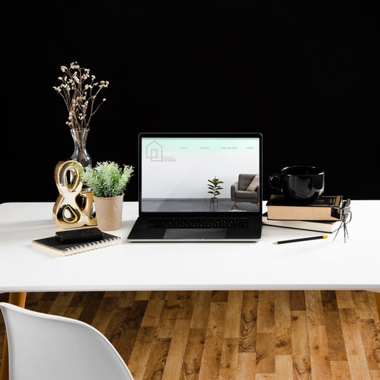 Free High Angle Of Desk With Laptop And Notebook Psd