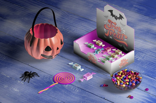 Free High Angle Of Halloween Concept On Wooden Table Psd