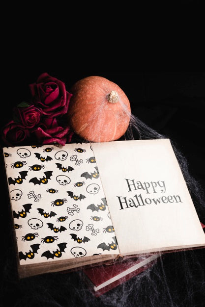 Free High Angle Of Halloween Concept With Book And Spiderweb Psd