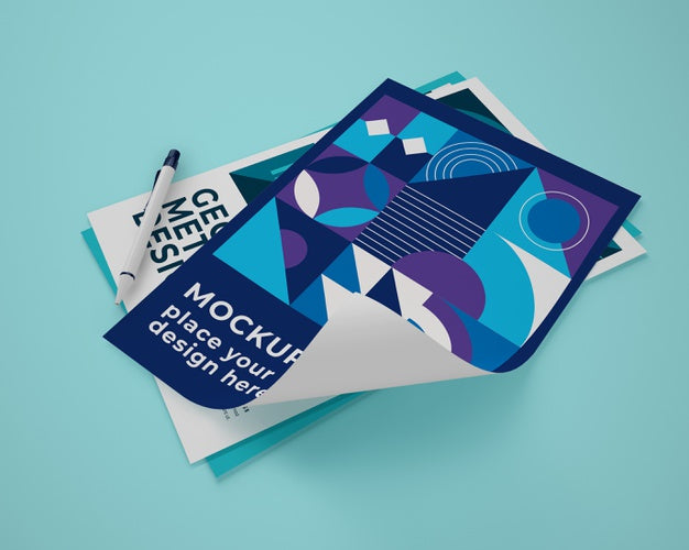 Free High Angle Of Paper Mock-Up With Geometric Design Psd