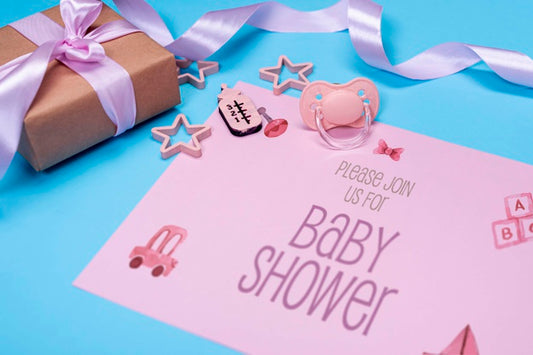 Free High Angle Of Pink Baby Invitation With Gift Psd