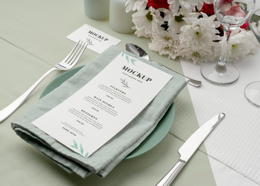 Free High Angle Of Spring Menu Mock-Up On Plate With Cutlery And Flowers Psd