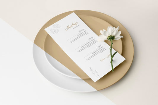 Free High Angle Of Table Arrangement With Spring Flower And Menu Mock-Up Psd