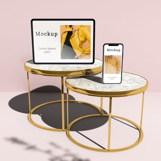 Free High Angle Of Tablet And Smartphone On Tables With Shadow Psd