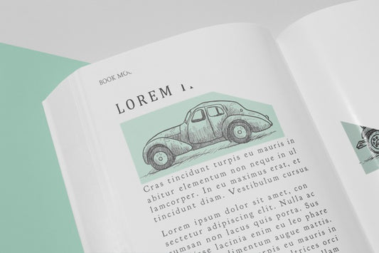 Free High Angle Open Book Mock-Up With Car Illustration Psd