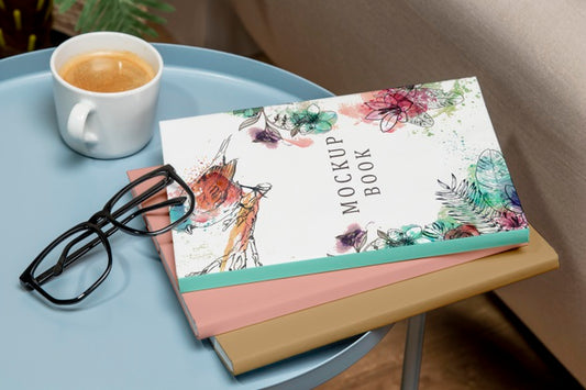 Free High Angle Stack Of Books Mock-Up On Coffee Table With Glasses Psd