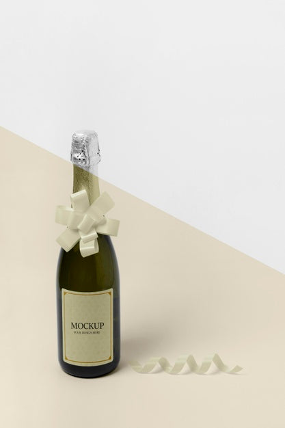 Free High View Champagne Bottle Mock-Up With Ribbon Bow Psd