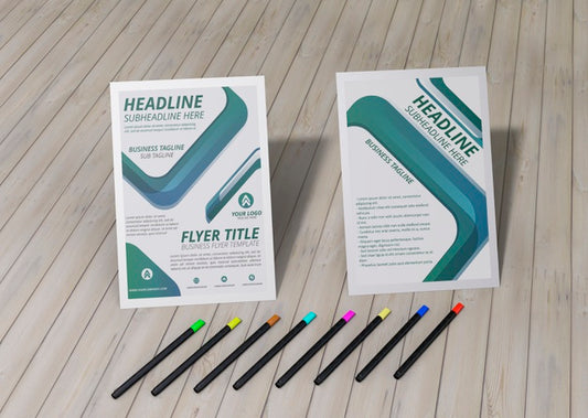 Free High View Flyer And Pencils Brand Company Business Mock-Up Paper On Wooden Backdrop Psd
