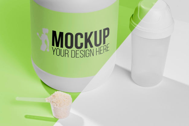 Free High View Green Bottle Of Protein Powder Mock-Up Psd