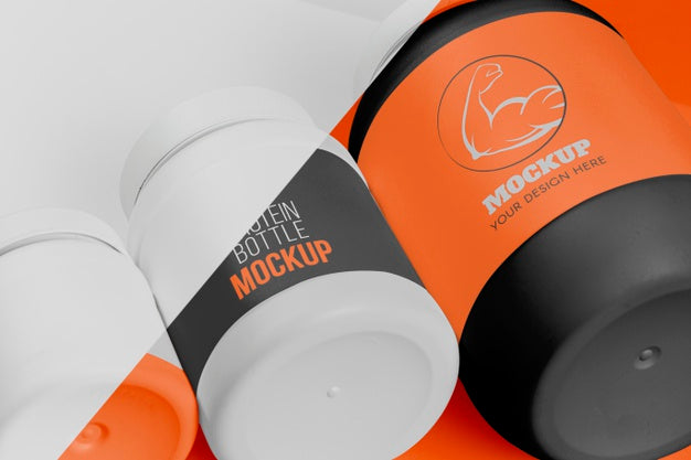 Free High View Orange Bottle Of Protein Powder Mock-Up Psd