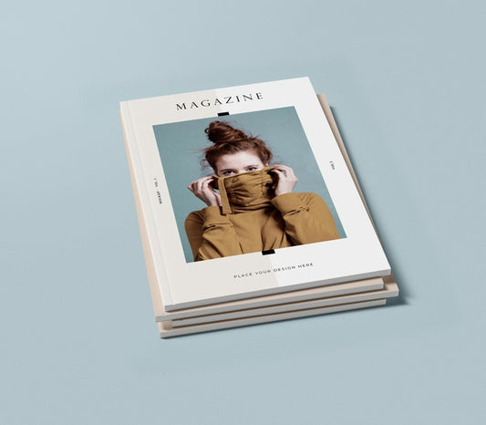 Free High View Pile Of Books With Woman Editorial Magazine Mock-Up Psd