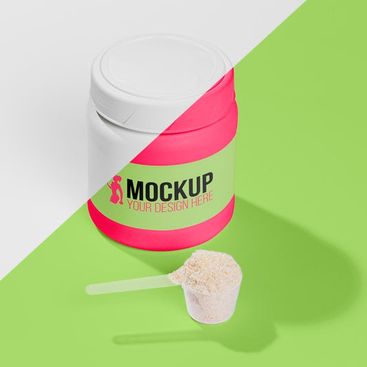 Free High View Pink Bottle Of Protein Powder Mock-Up Psd