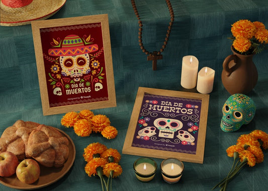 Free High View Variety Of Dia De Muertos Mock-Up With Skull Psd