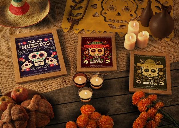 Free High View Variety Of Dia De Muertos Mock-Up With Skull Psd