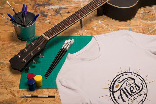 Free High View White T-Shirt And Guitar Psd
