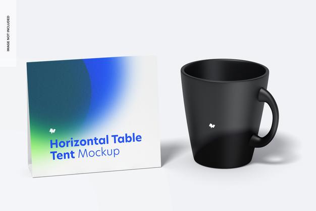 Free Horizontal Table Tent Card With Mug Mockup Psd