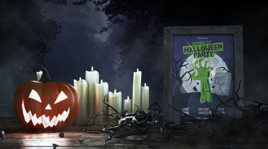 Free Horror Movie Poster With Candles And Pumpkin Psd