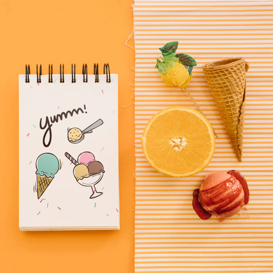 Free Ice Cream Mockup With Notepad Psd