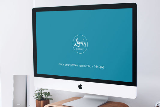 Free Clean iMac Mockup in Office With Bose Speakers
