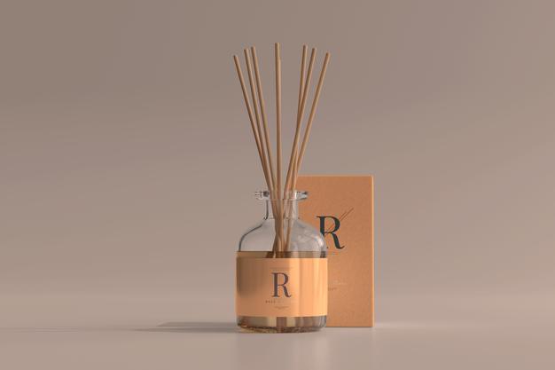 Free Incense Air Freshener Reed Diffuser Glass Bottle With Box Mockup Psd