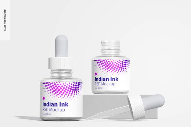 Free Indian Ink Bottles Mockup, Front View Psd