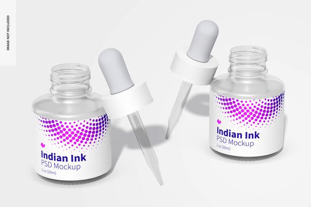 Free Indian Ink Bottles Mockup, Opened Psd