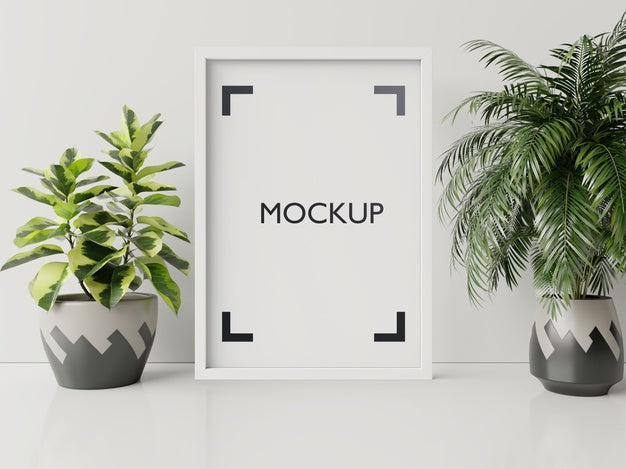 Free Interior Poster Mock Up With Plant Pot, Flower In Room With White Wall 3D Rendering Psd