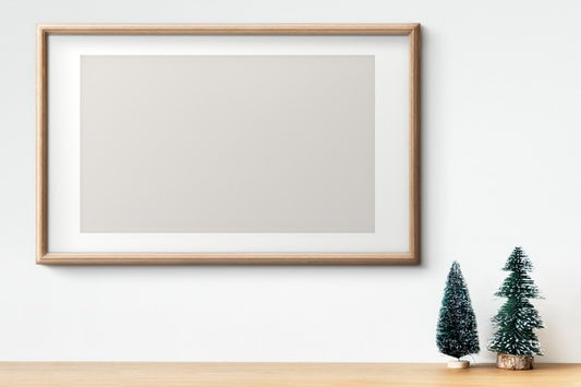 Free Interior Wooden Frame Mockup With Christmas Tree Decorations Psd