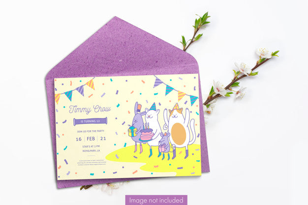 Free Invitation Card And Craft Paper Envelope With Cherry Branches Psd