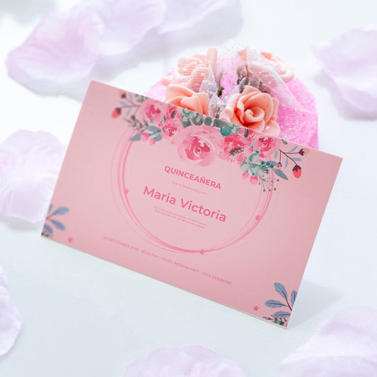 Free Invitation For Sweet Fifteen And Bouquet Of Flowers Psd