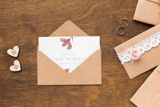 Free Invitation Mock-Up And Wedding Rings On Wooden Background Psd