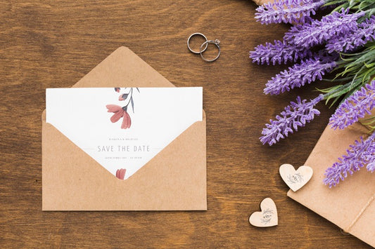 Free Invitation Mock-Up And Wedding Rings With Lavender Psd