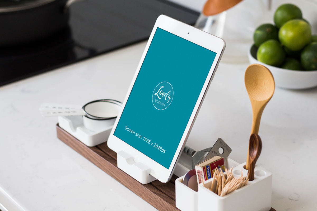 Free White iPad Mockup in the Kitchen