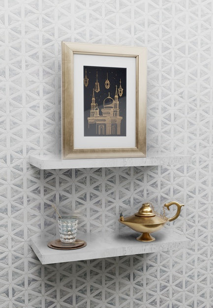 Free Islamic Arrangement With Frame And Lamp On Shelves Psd