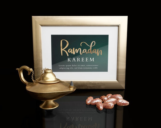 Free Islamic New Year Arrangement With Frame, Lamp And Dried Dates Psd