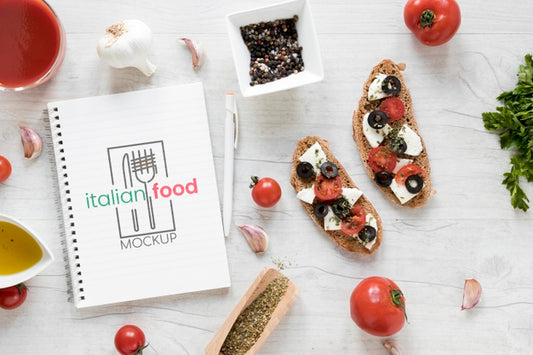 Free Italian Food Assortment With Notebook Mock-Up Psd
