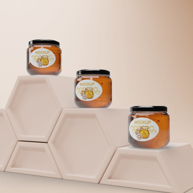 Free Jars With Honey On Honeycomb Shape Psd