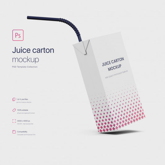 Free Juice Paper Carton Packaging With Straw Mockup Psd
