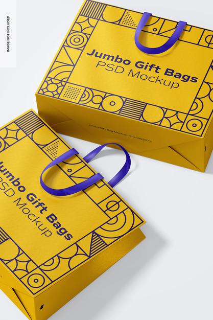 Free Jumbo Gift Bags With Ribbon Handle Mockup, Close Up Psd