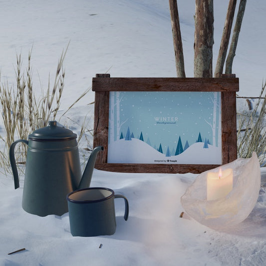 Free Kettle And Cup Beside Frame With Winter Theme Psd