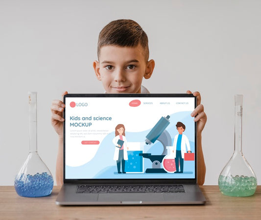 Free Kid In Science Class With Laptop Mock-Up Psd