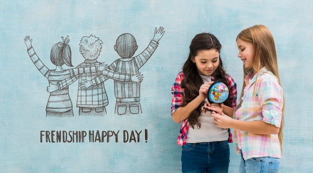 Free Kids Holding An Earth Globe With Wall Mock-Up Psd