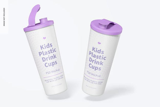 Free Kids Plastic Drink Cup With Lid Mockup, Falling Psd