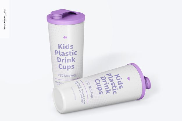 Free Kids Plastic Drink Cup With Lid Mockup, Standing And Dropped Psd