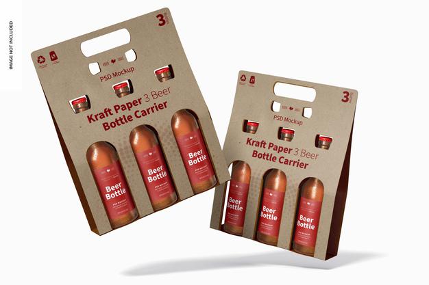 Free Kraft Paper 3 Beer Bottle Carrier Mockup, Falling Psd ...