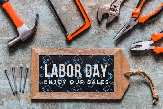 Free Labor Day Mockup With Wooden Board And Tools Psd