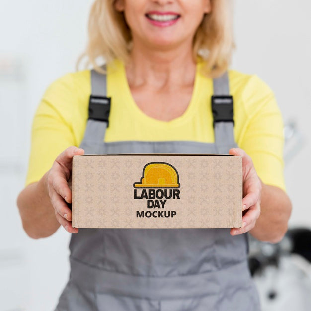 Free Labour Day Mock-Up Box Held By Woman Psd