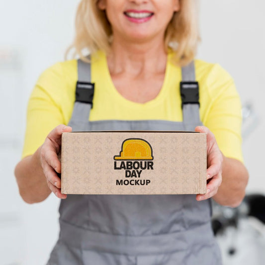 Free Labour Day Mock-Up Box Held By Woman Psd