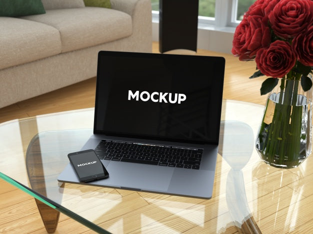 Free Laptop And Mobile Phone On Glass Table Mock Up Design Psd
