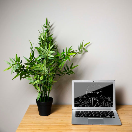Free Laptop Device Mock-Up Next To Plant Psd